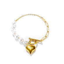 Fashion Lovely Heart Pearl Stainless Steel Women Bracelet